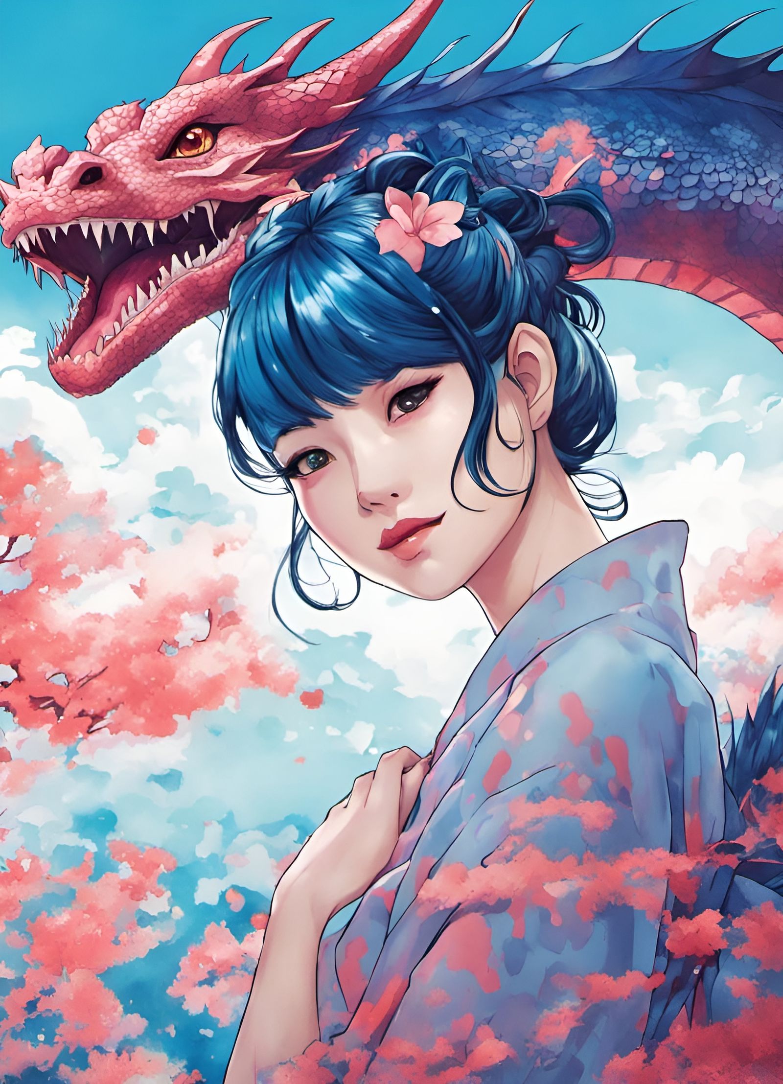 Anime Schoolgirl Selfie with Dragon in Manga Style