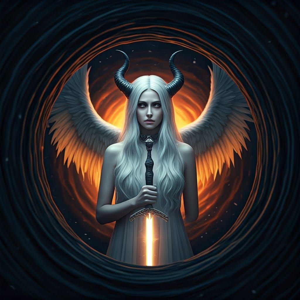 Photorealistic Angel Summons Blizzard in Darkness