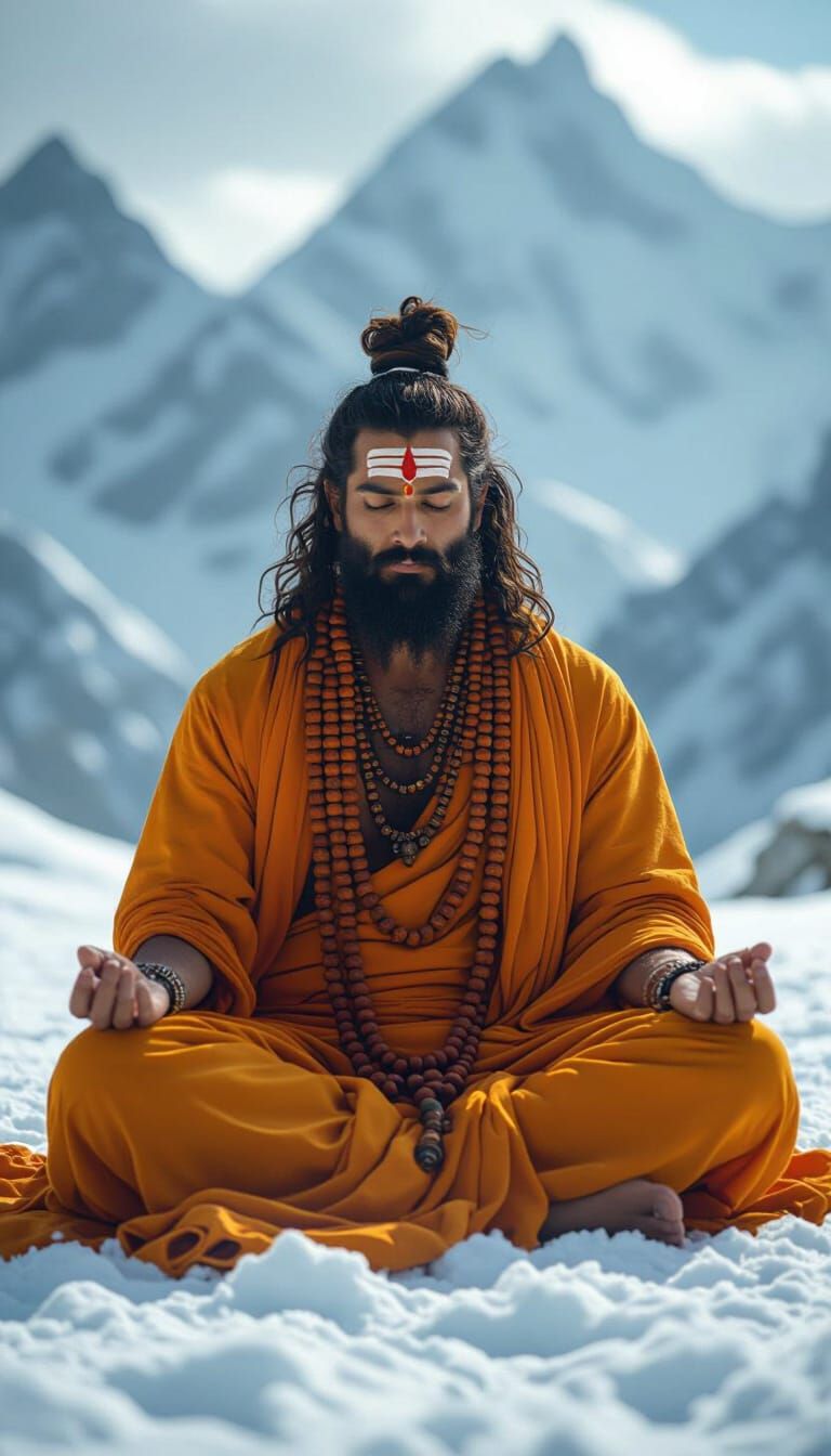 Meditating Man in Himalayas with Divine Aura