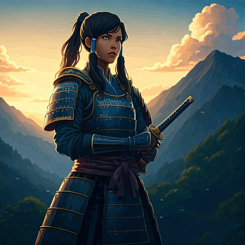 Korra Samurai Warrior in Misty Mountain Landscape