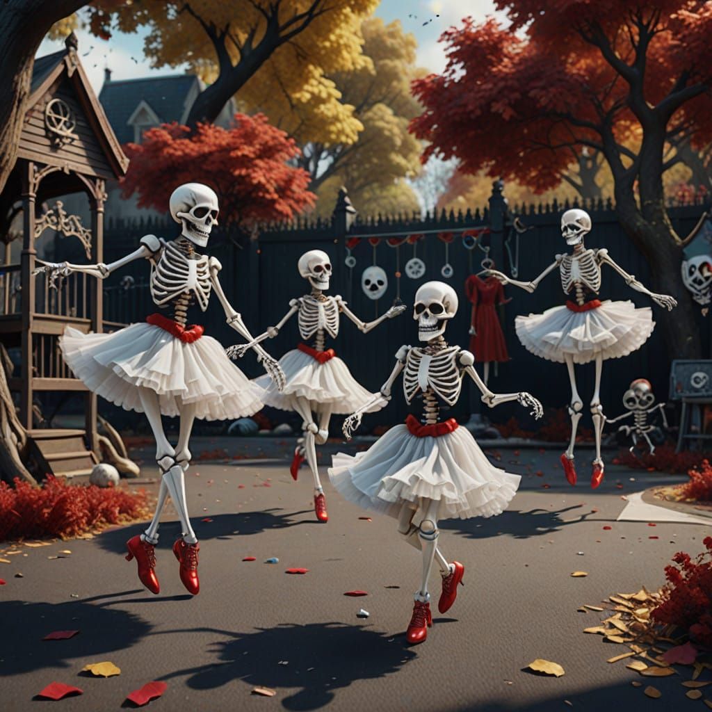 Fantastical Skeletons Dance in Whimsical Playground