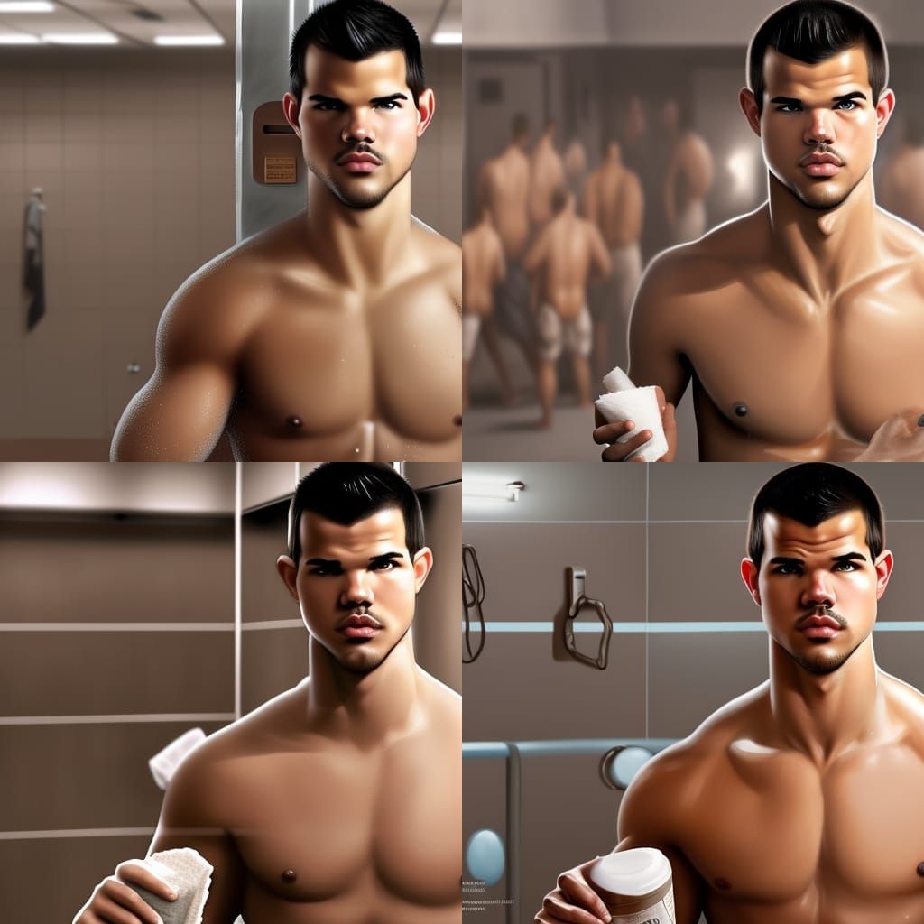 Realistic Portrait: Man Showering in Locker Room