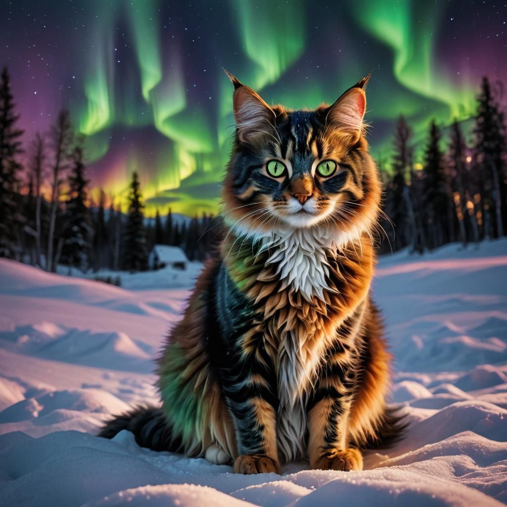 Aurora Calico LaPerm Cat in Hyperrealistic Style