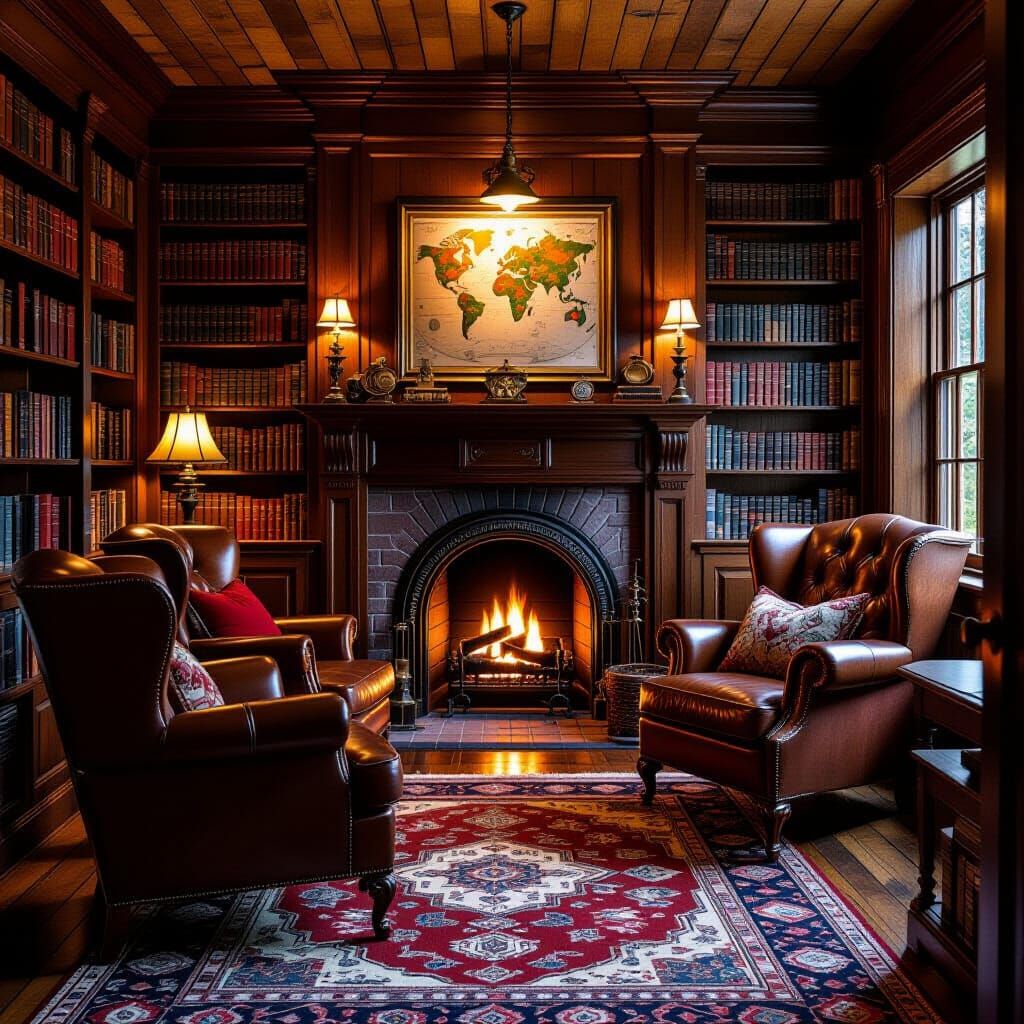 Cozy Underground Library with Fireplace Glow