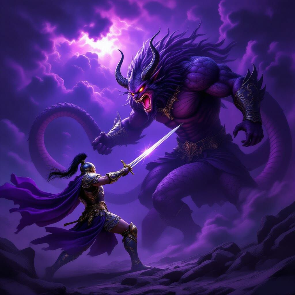 Baroque Warrior Battles Mythical Beast in Dramatic Light