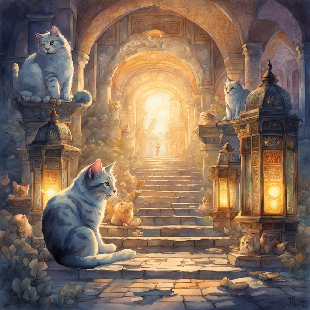 Feline Explorers in Oriental Baroque Watercolour
