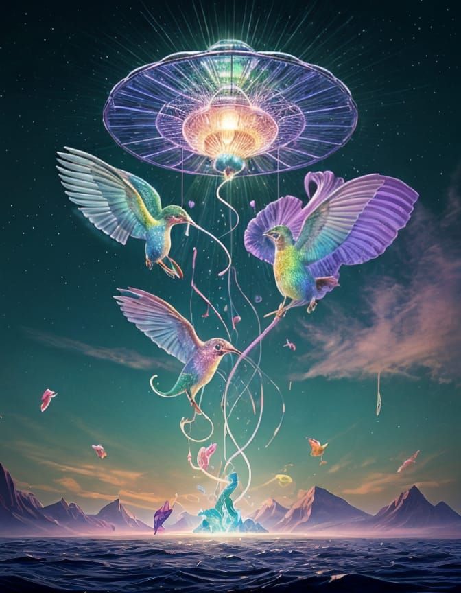 Hummingbird-Jellyfish Hybrid in Vibrant Flight