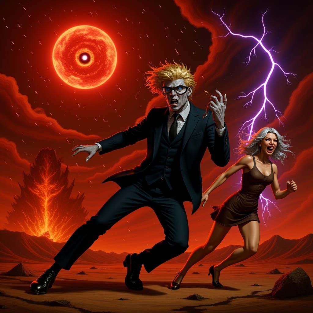 Man Battles Doppelganger in Desert Mindscape Under Red Sky