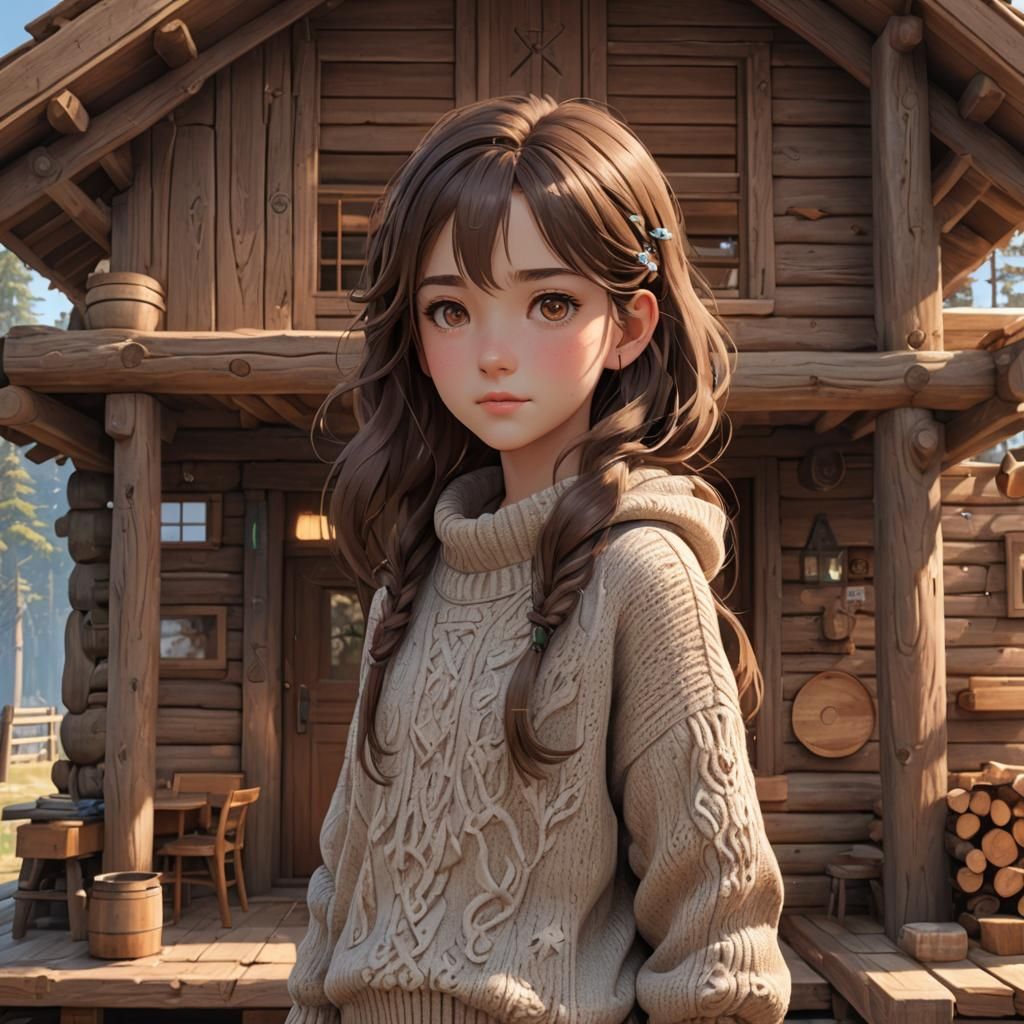 Anime Girl in Log Cabin, 3D Rendered Art