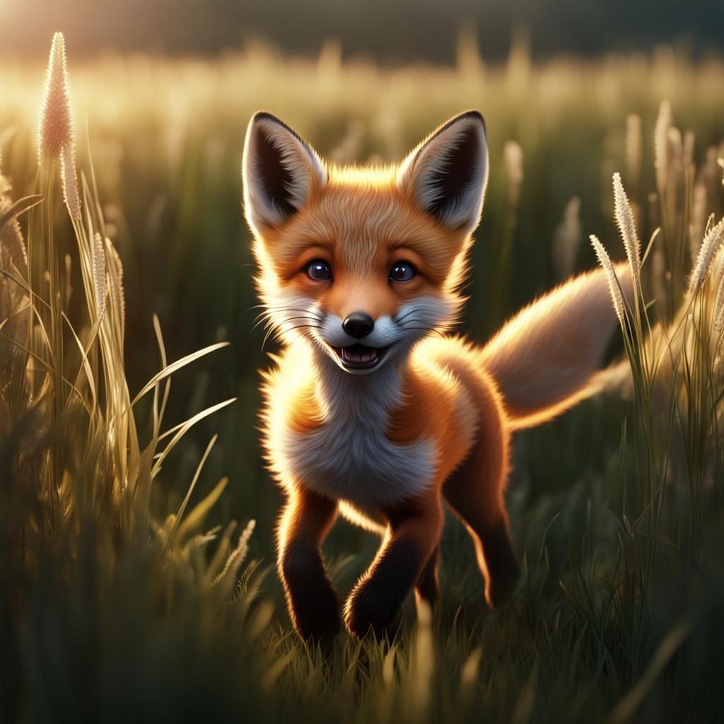 Fox Pup Running in Grassy Field: Fantasy Concept Art