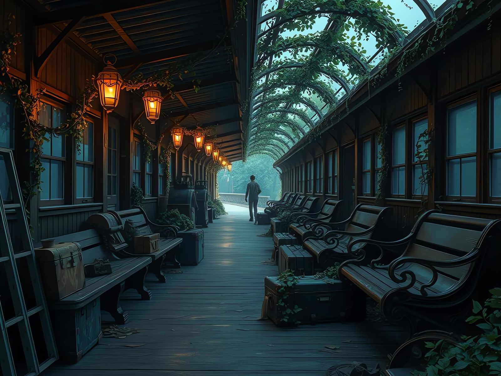 Twilight Train Station with Blooming Vines