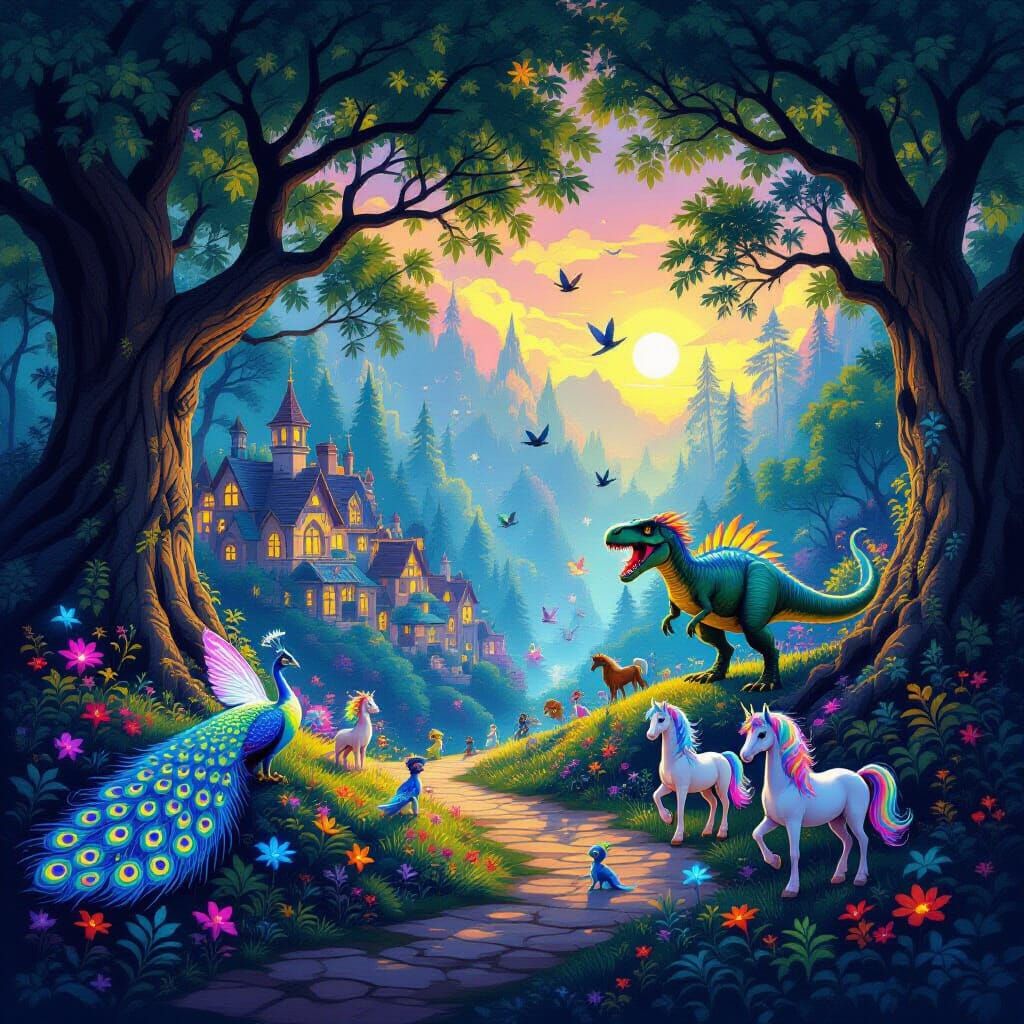 Enchanting Fairy Town at Twilight with Bioluminescent Flora