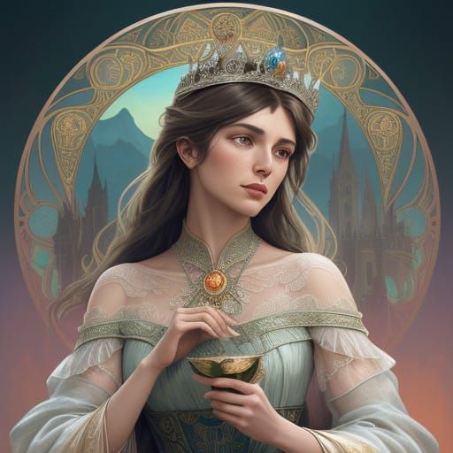 Regal Queen Ginevra in Elegance, Holding Harp Amidst Majesti...