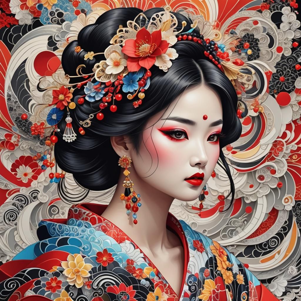 Crystal Geisha in Colorful Dress with Zentangle Details