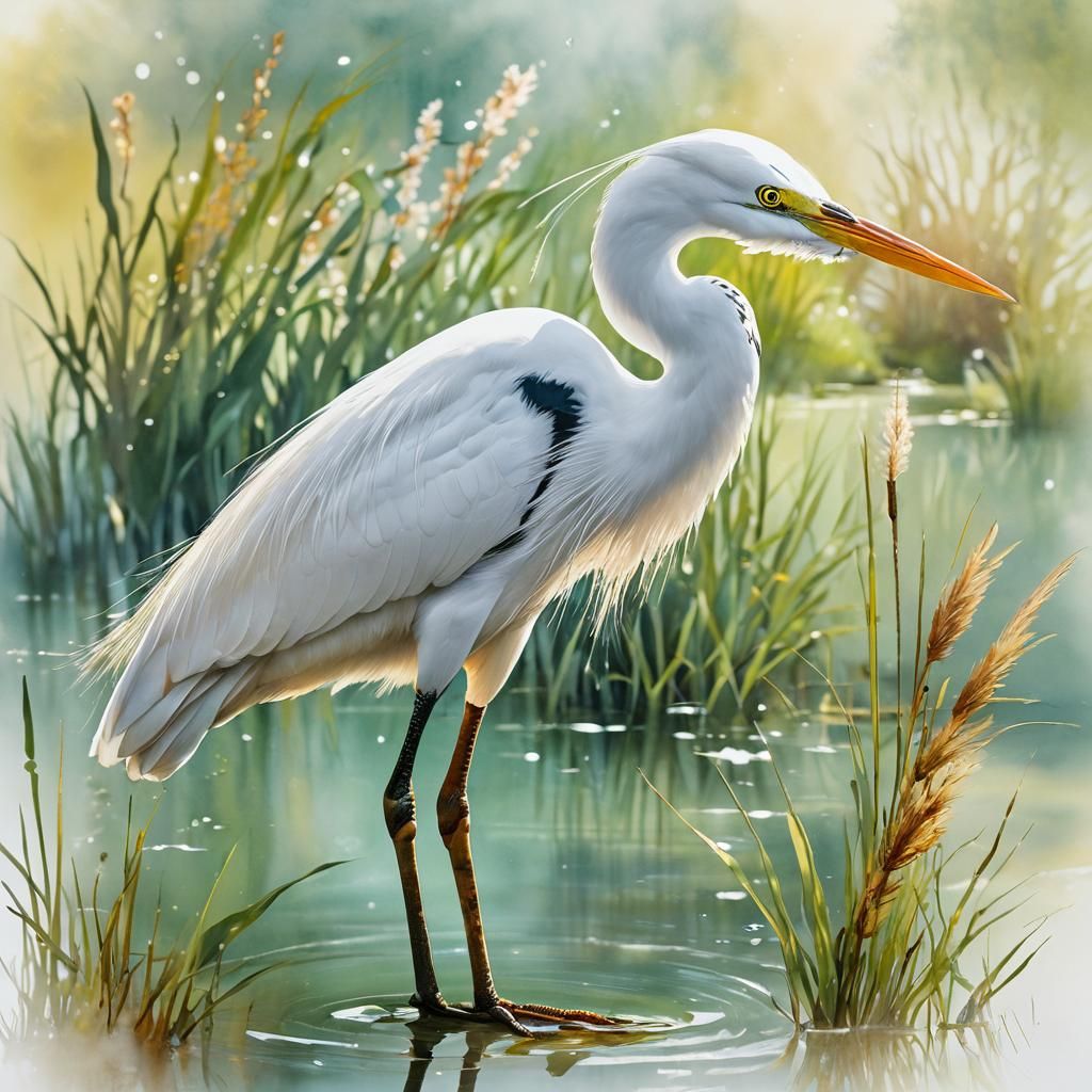 White Heron in Morning Light: Fine Art Illustration