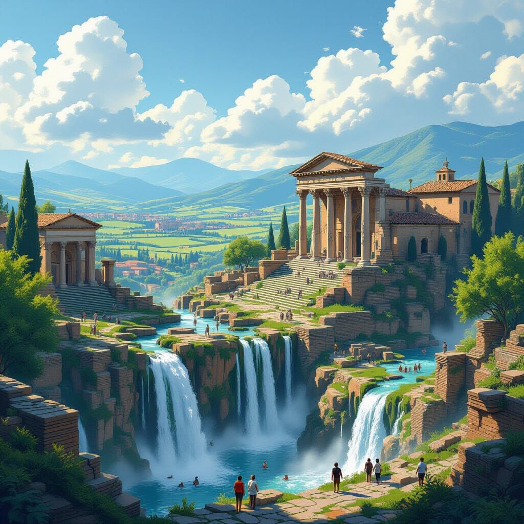 Italian Roman Ruins with Waterfall, Hyperrealistic Style