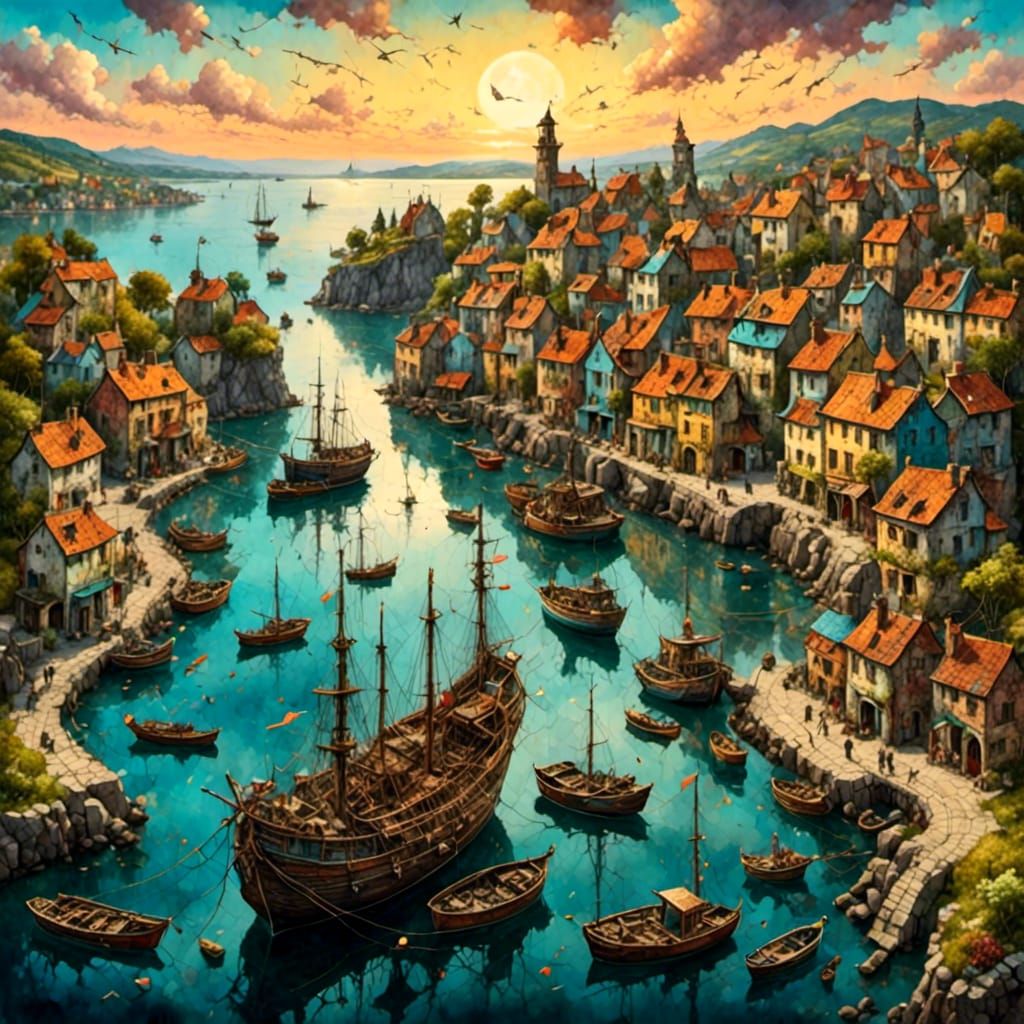 <lora:Dom:1.0> <lora:smak:1.0> Drone view of a fantasy harbo...