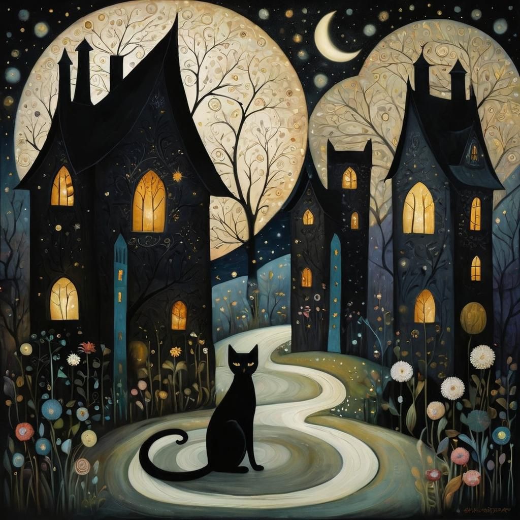 A black cat in the garden at night, in art brut style, by Be...