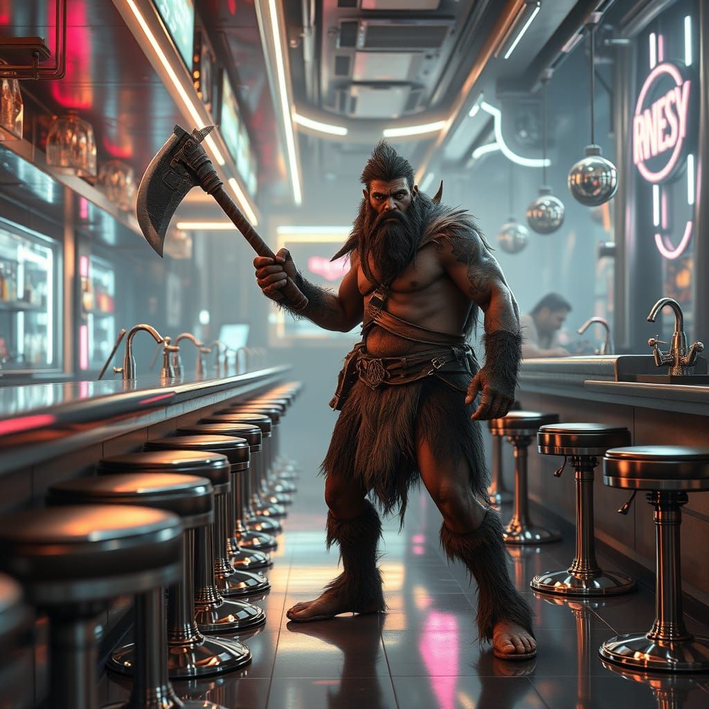 Caveman Rage in Futuristic Cyberpunk Bar