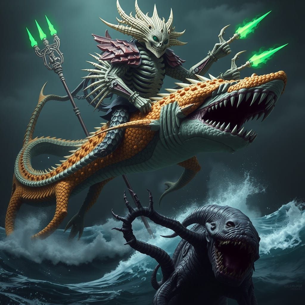Colossal Bone-Kraken Battles Shark-Dragon in Dark Oceanic Ab...
