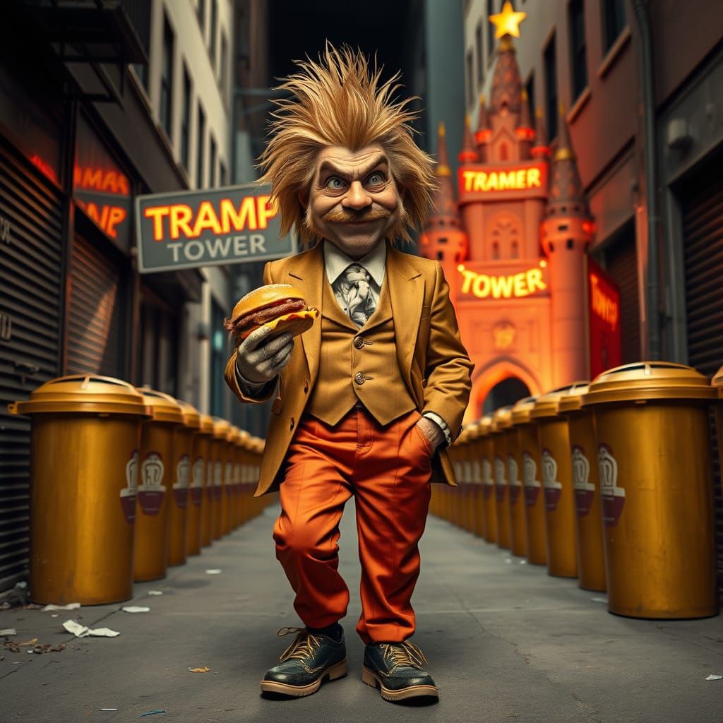 Exaggerated Hobo with Golden Combover and Tattered Suit