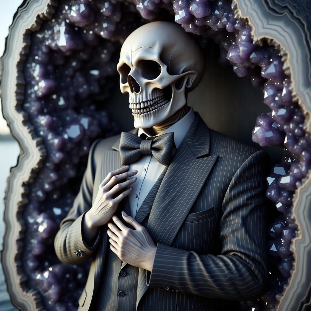 Skeletal Figure in Suit with Bat Bowtie