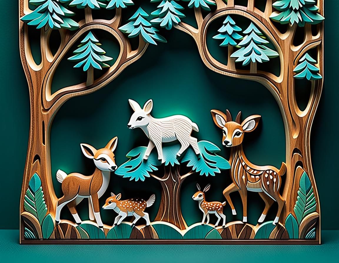 Detailed Wood Relief Carving: Forest Animals