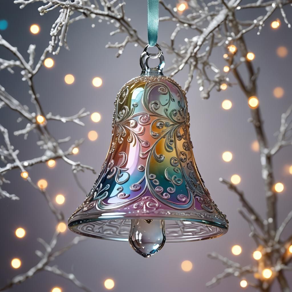 Iridescent Glass Christmas Tree Bell Ornament: Hyperrealisti...