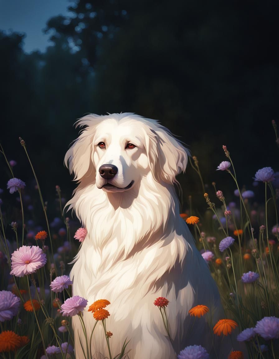 Dog Portrait in Flower Field, Hyperdetailed Concept Art