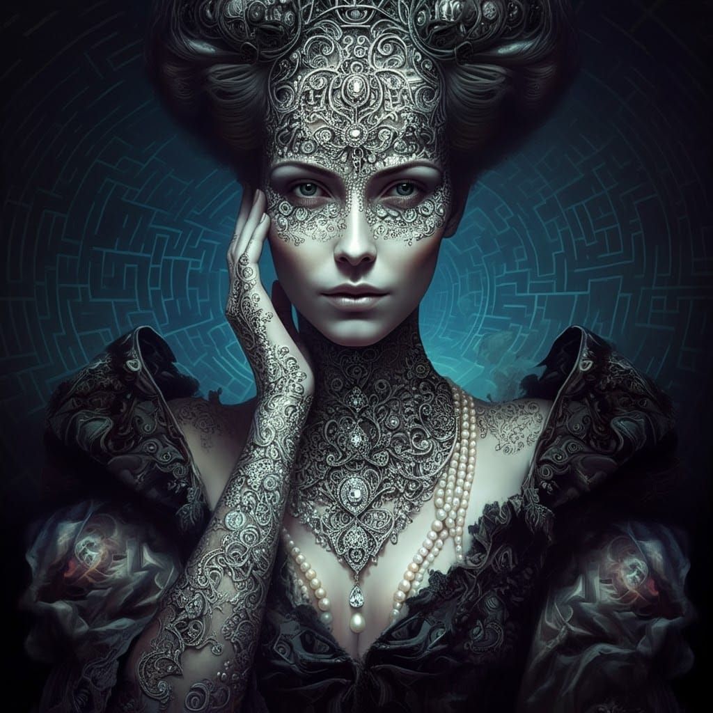 Regal Woman with Silver Filigree Face in Gothic Style