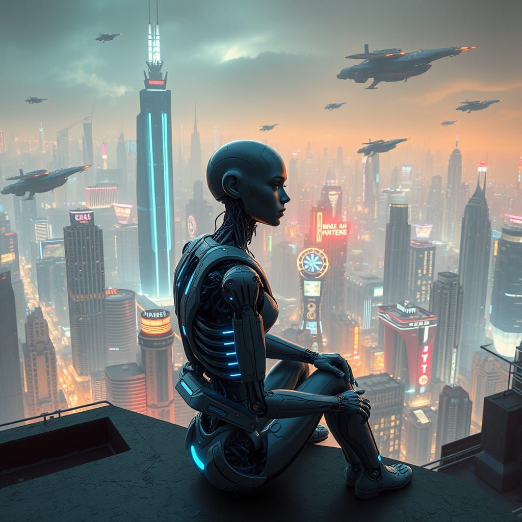 Cyberpunk Android Contemplates the City