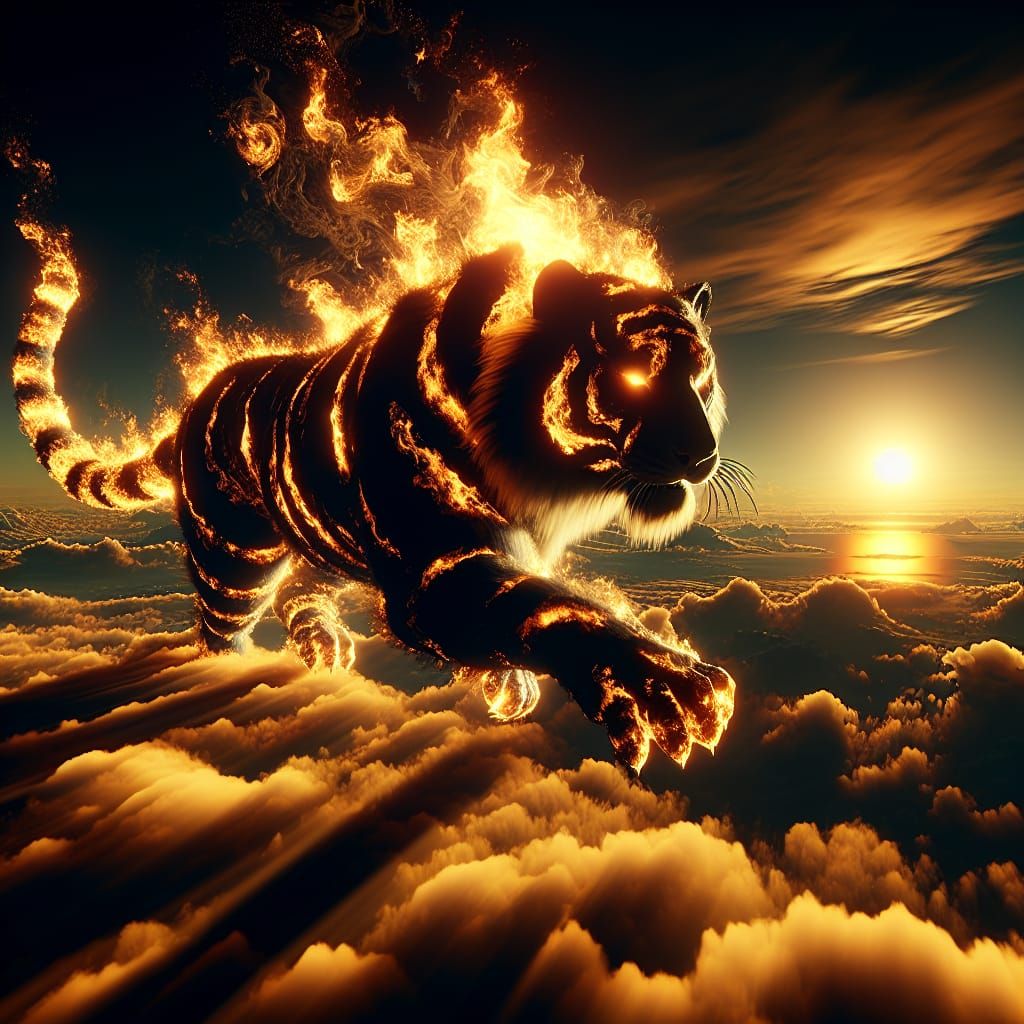 Fiery Tiger Ascends Through Sunset Clouds