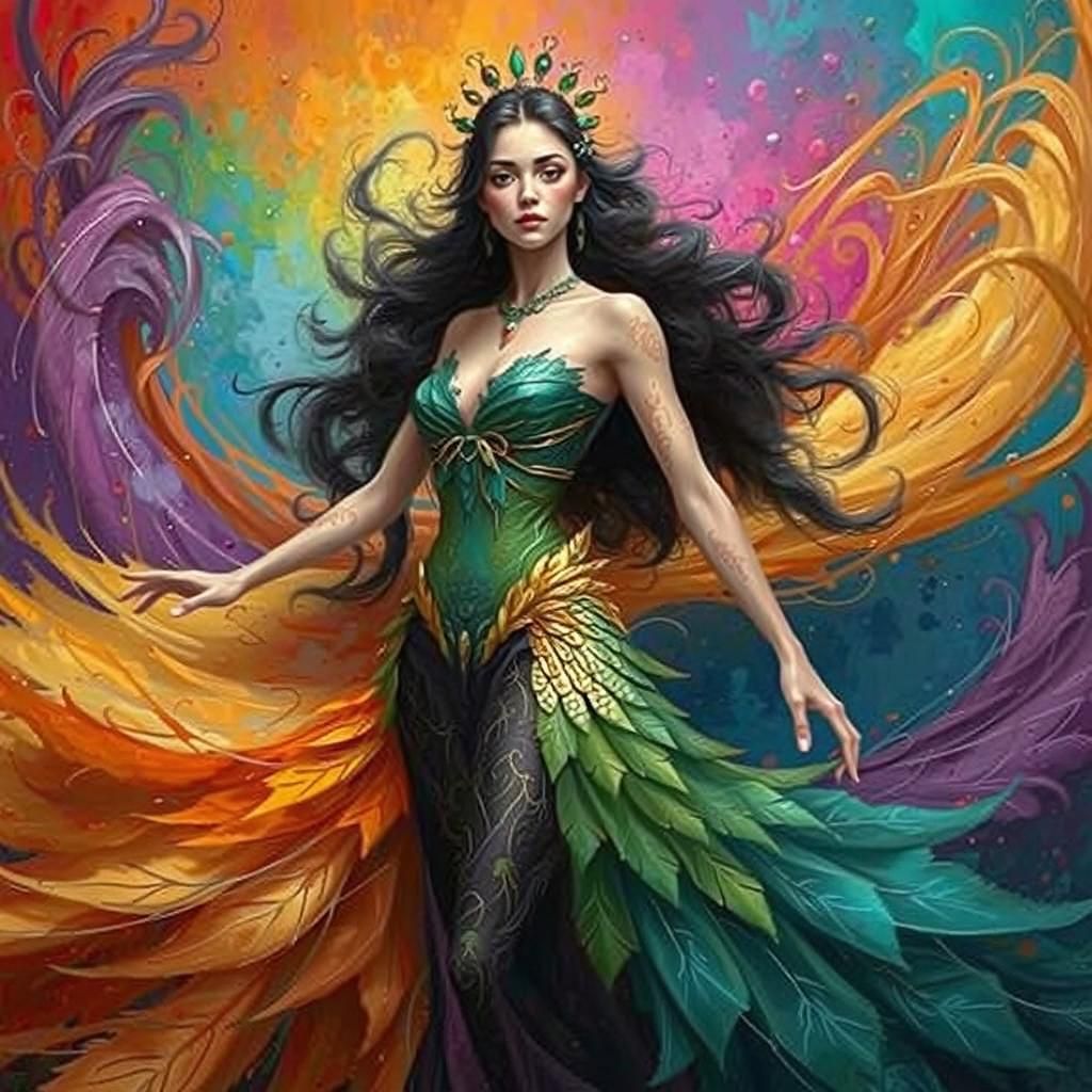 Dragon Peacock Woman in Abstract Fauvism Style