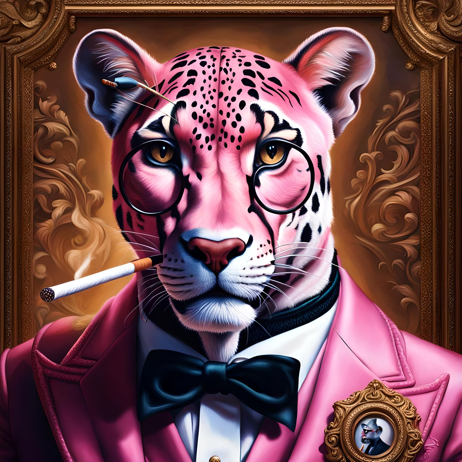 Pink Panther Smoking with Monocle, Hyperrealistic Detail