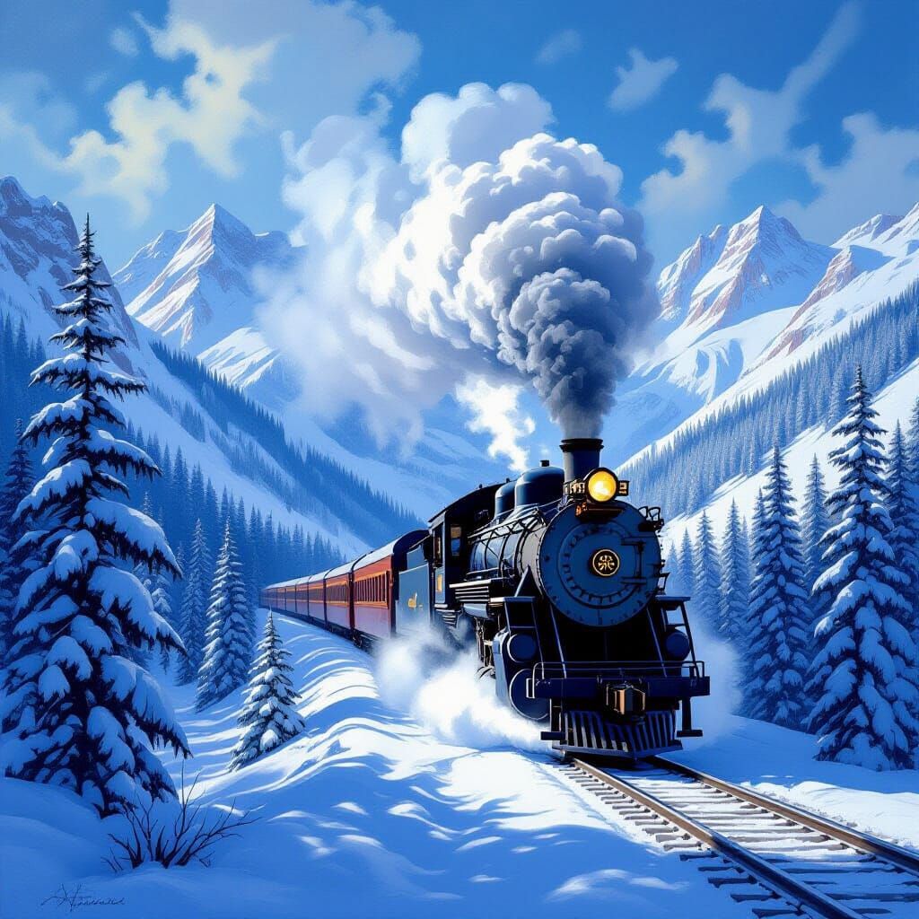 Majestic Steam Train in Snowy Mountain Pass Oil Painting