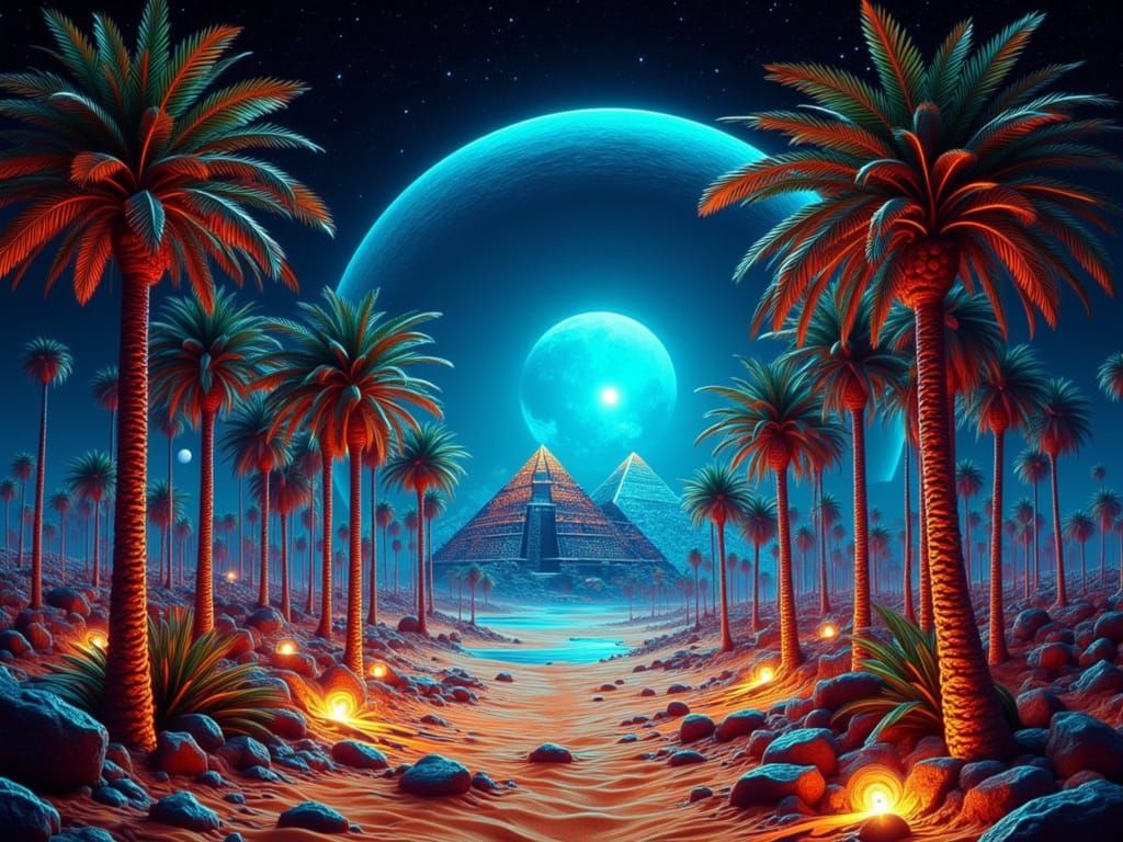 Futuristic Egyptian Desert Landscape with Circuit Board Pyra...