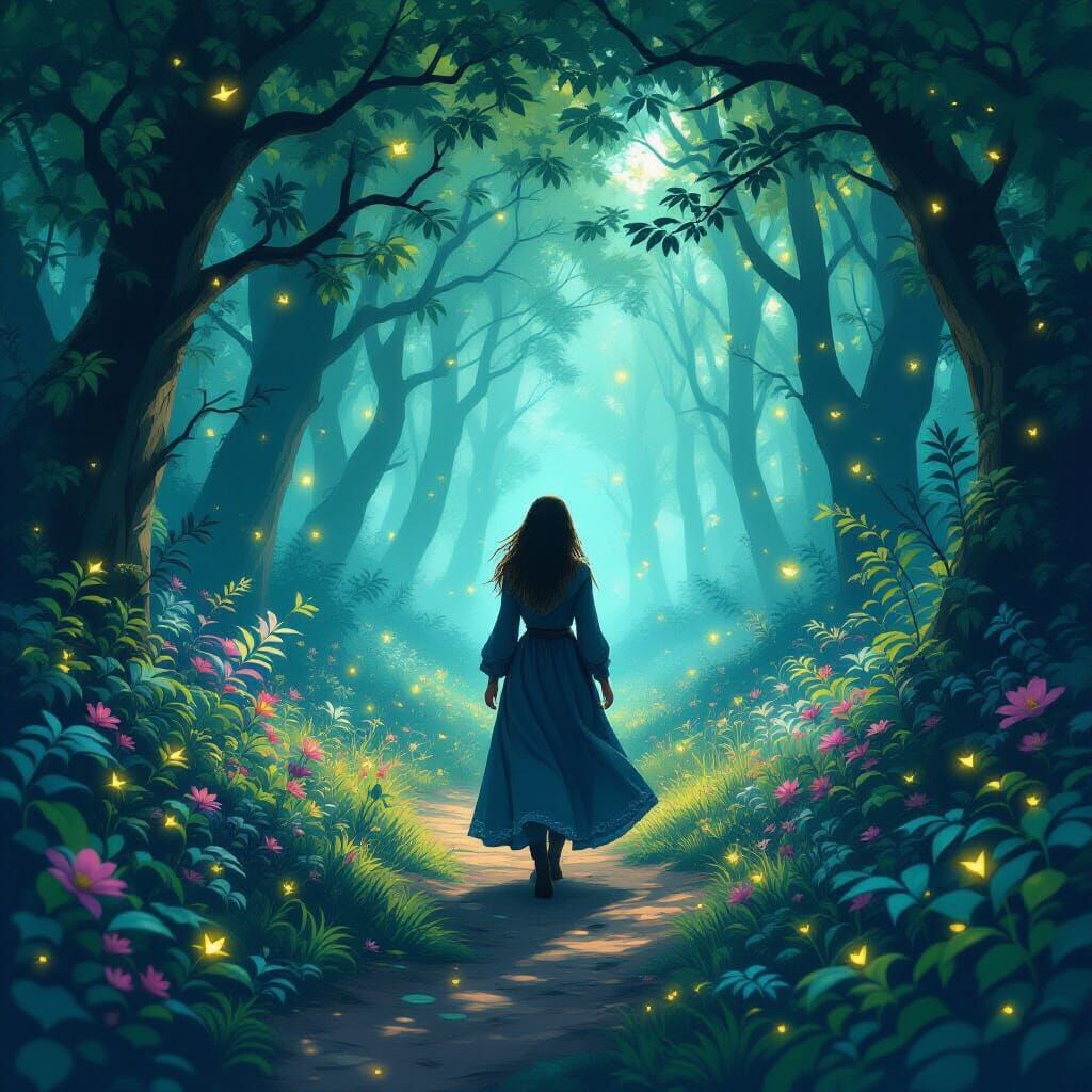 Mystical Woman in Enchanted Forest, Digital Art
