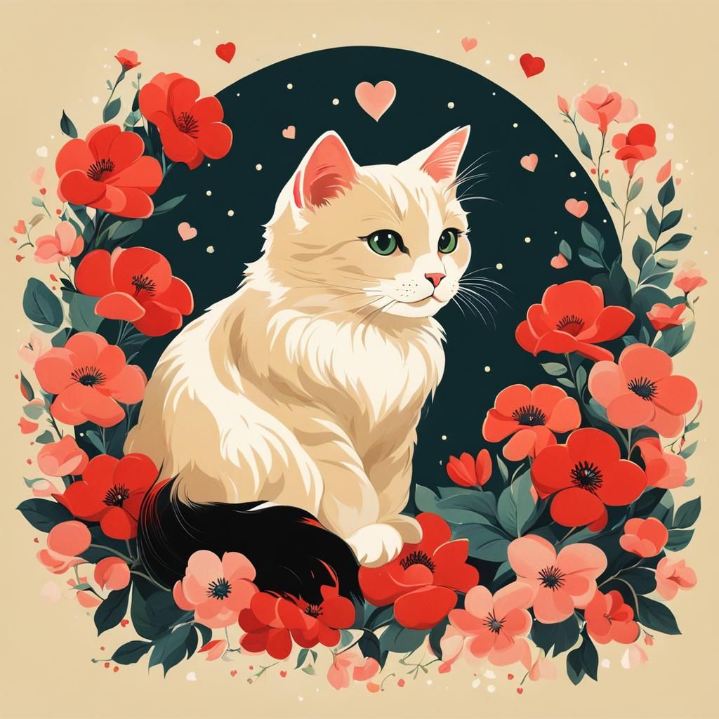 Charming Cat with Flowers in Vintage Poster Art