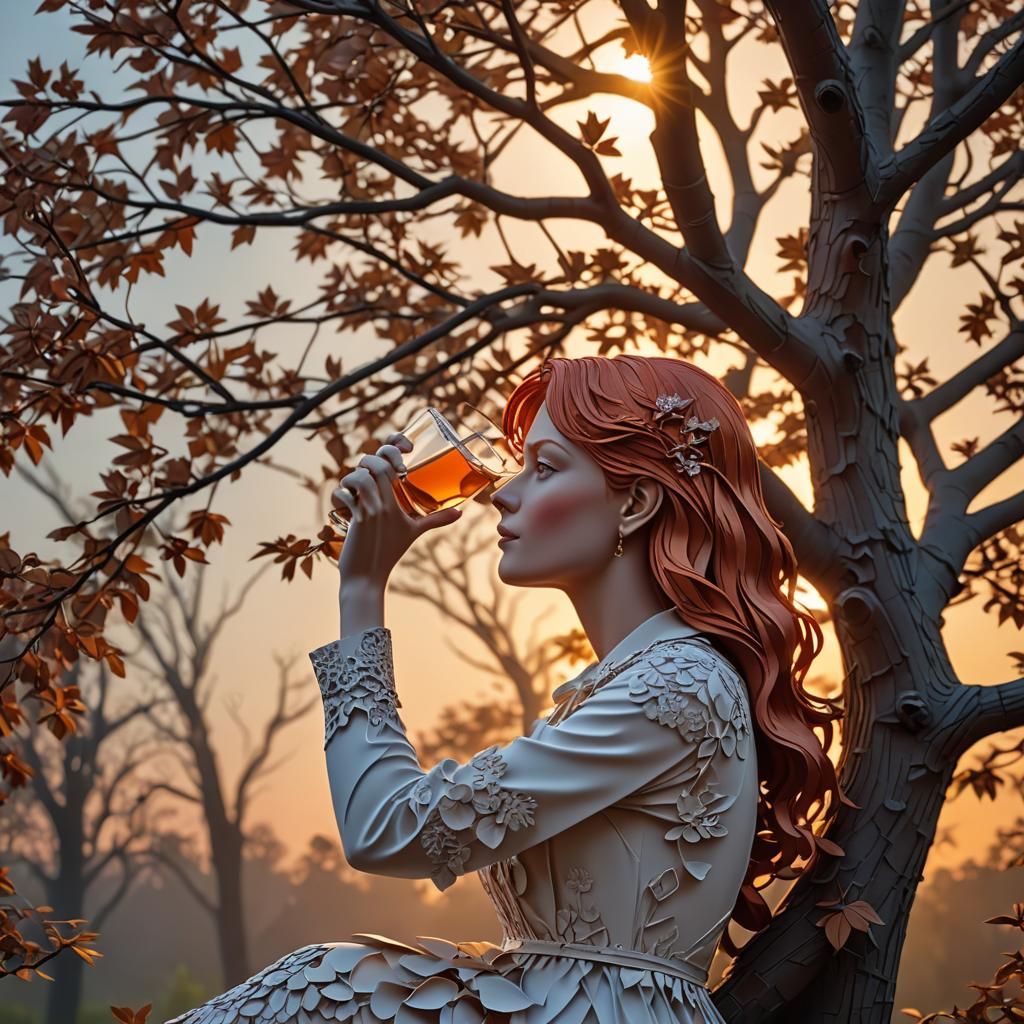 Redhead Lady Drinking Juice in Kirigami Style