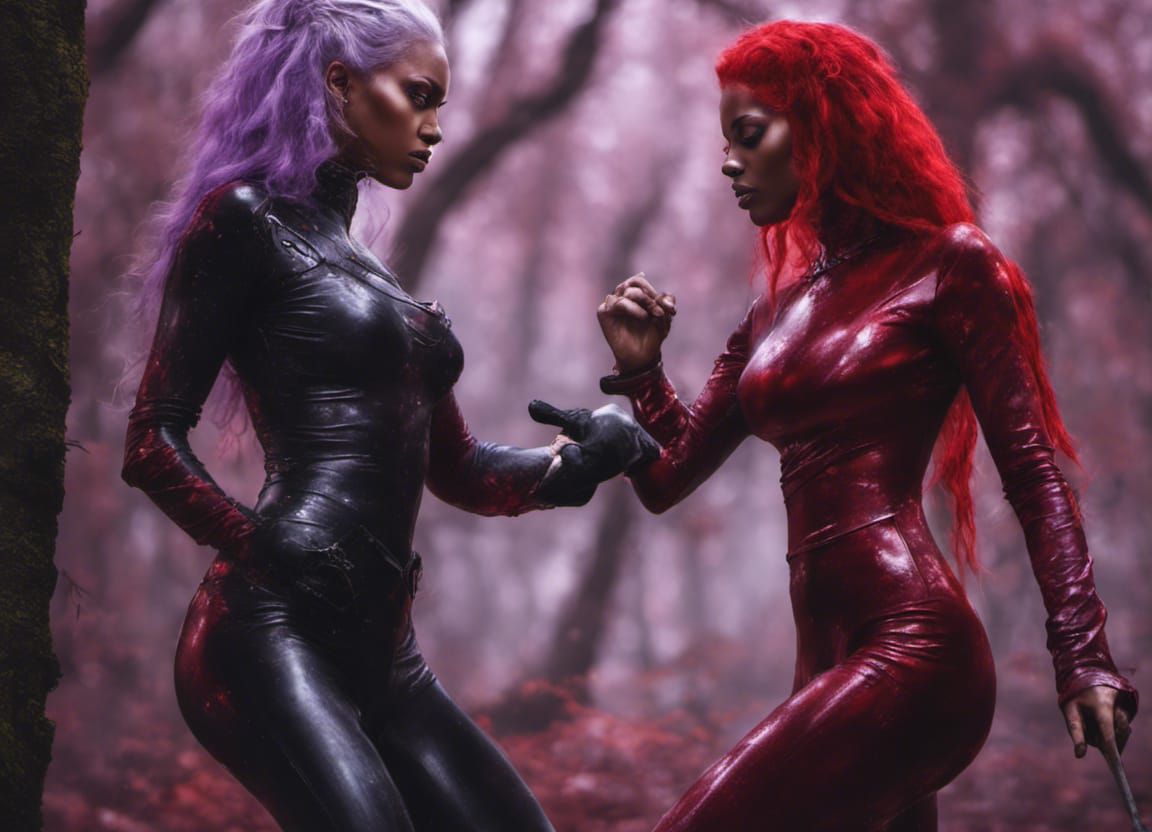 Two elf nymph fighting in forest