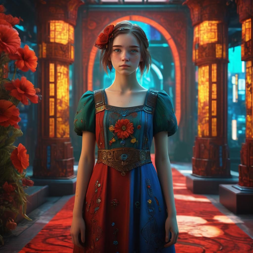 Elegant Cyberpunk Woman Stands on Red Carpet