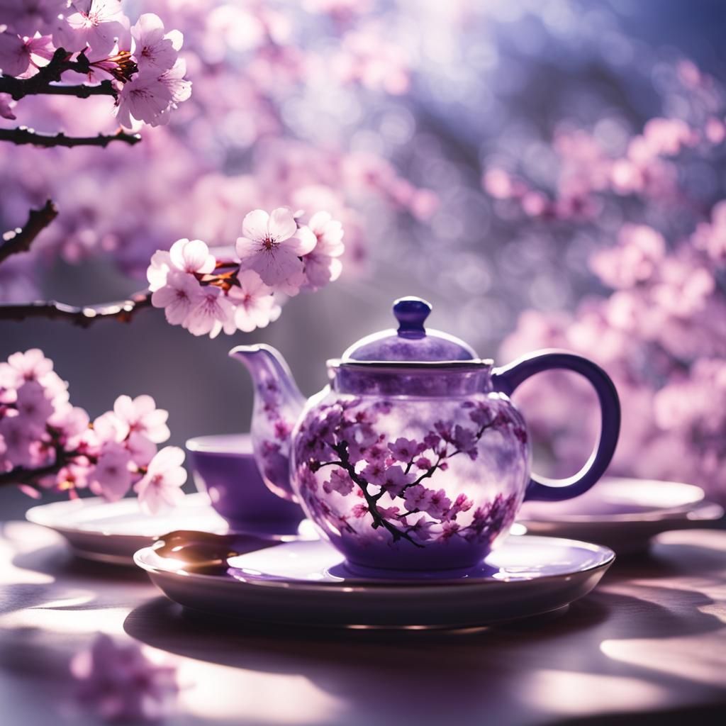 Purple Tea Set with Cherry Blossom Double Exposure