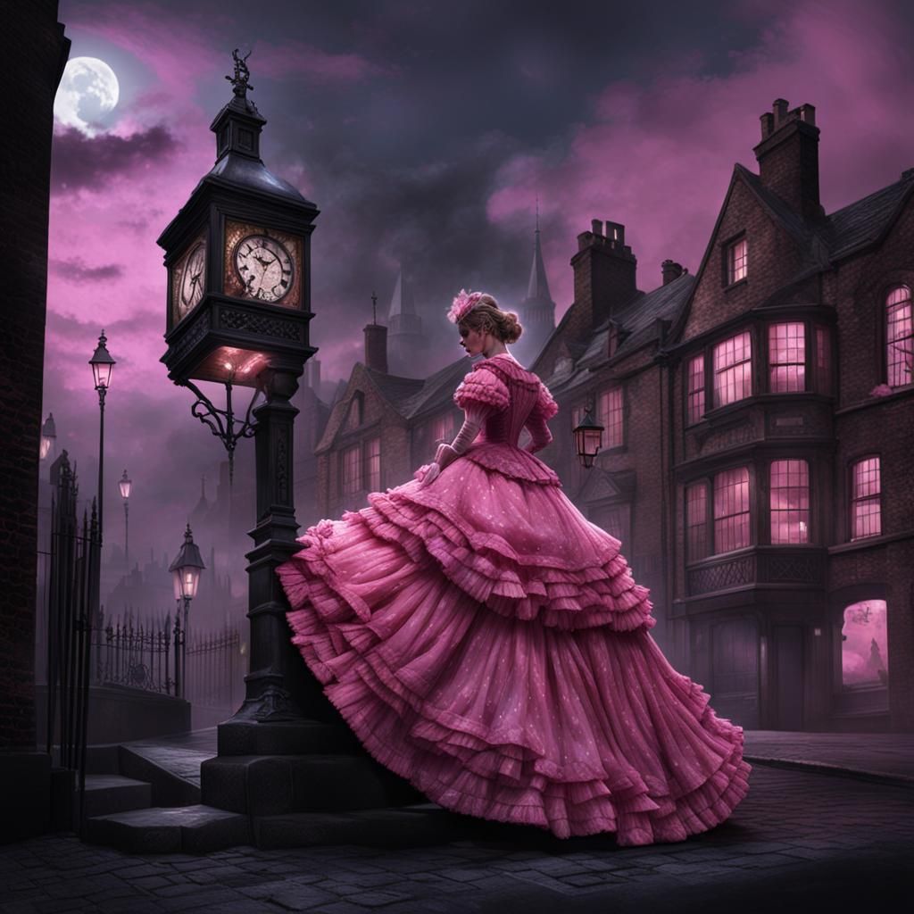 Victorian London Scene with Figure in Pink Dress