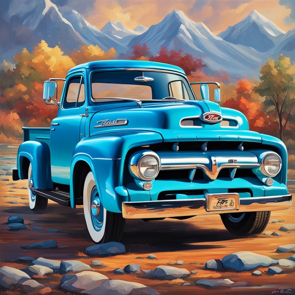 Sky Blue 1953 Ford F-250 in Hyperrealistic Style