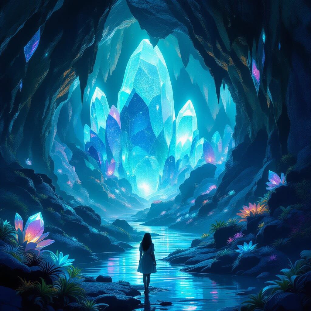 Bioluminescent Cavern Exploration in Dreamlike Digital Art
