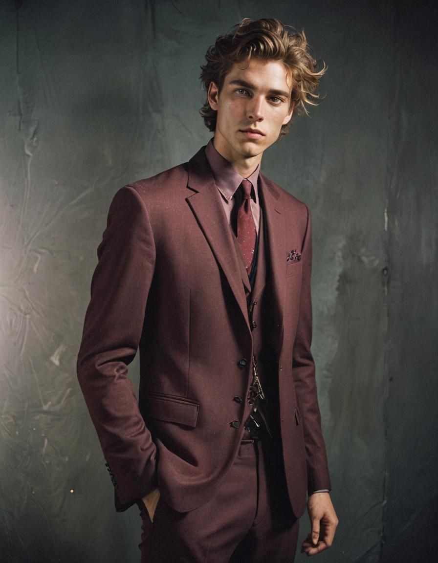 Male Model in Burgundy Suit, Analog Style
