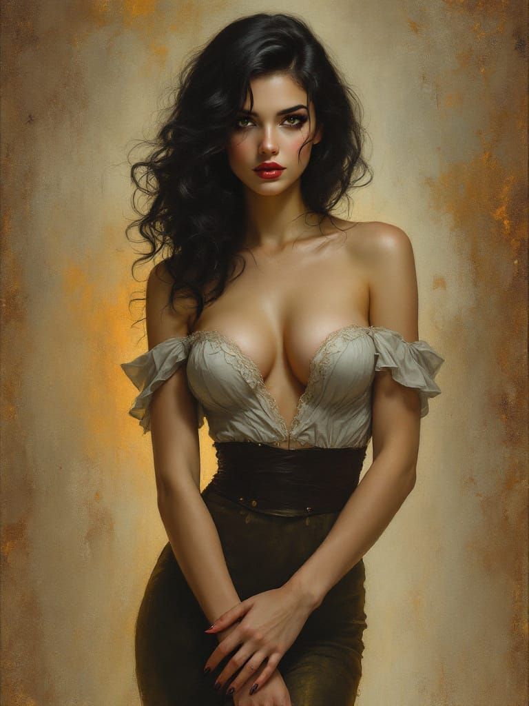 Tonalist Pin-Up Woman in Atmospheric Oil Painting