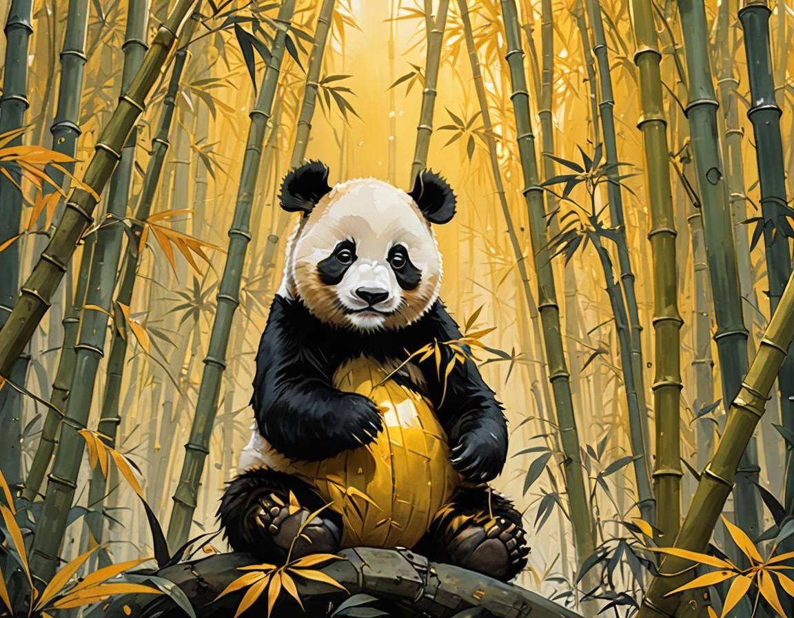 Golden Bamboo Forest with Panda, Ink Splash Style
