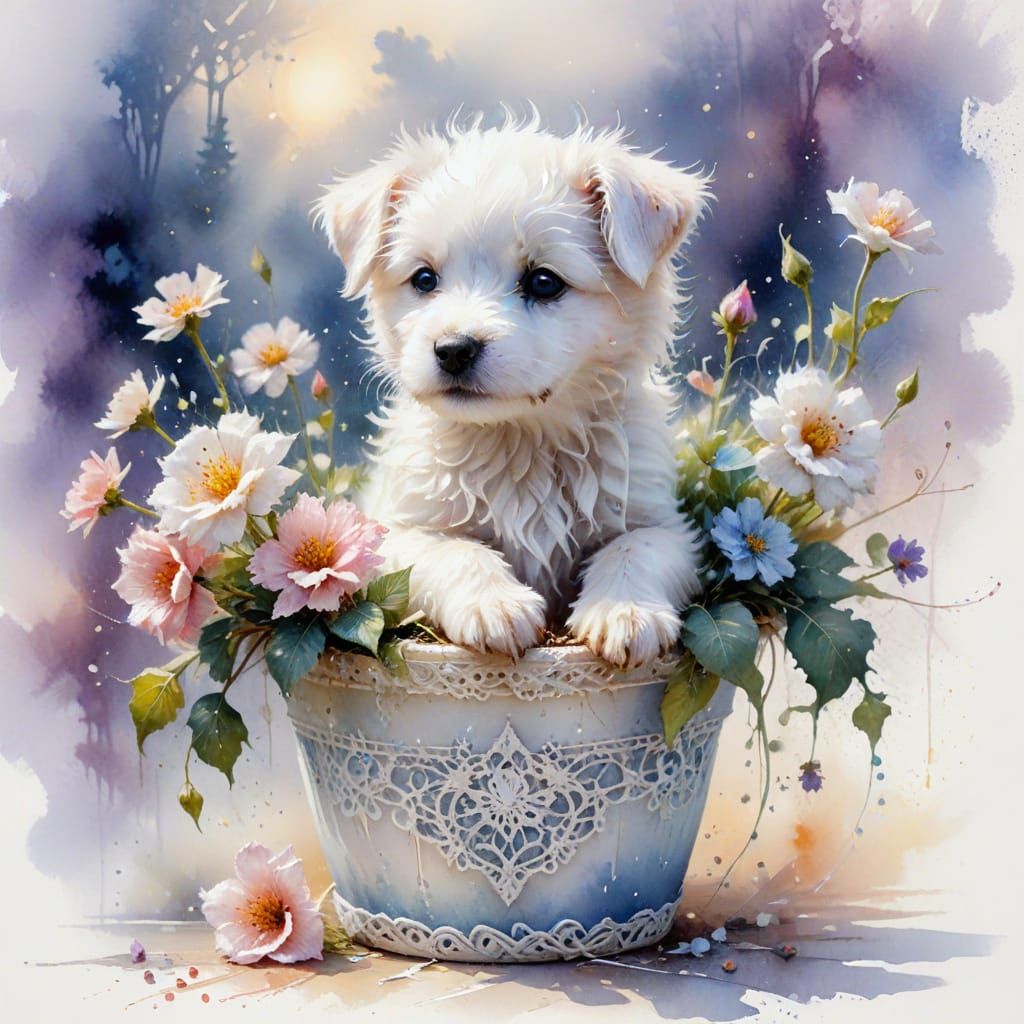 Cute Fluffy Puppy in Flower Pot Watercolor