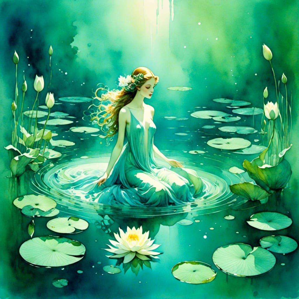 Bioluminescent Water Nymph in Vintage Watercolor Style